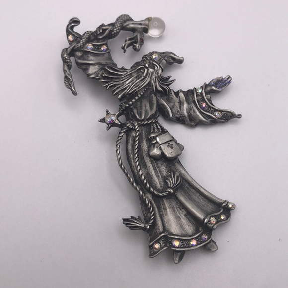 JJ Jonette Snake Sorcerer Pewter Brooch VTG Signed Pin - Picture 1 of 9